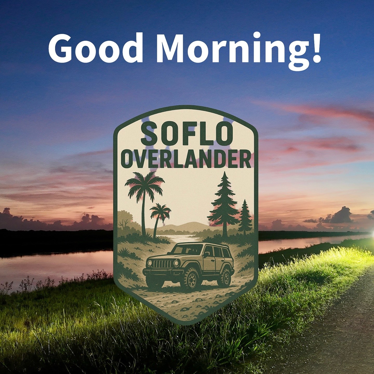 SOFLO Overlander badge over a sunrise on a South Florida levee trail