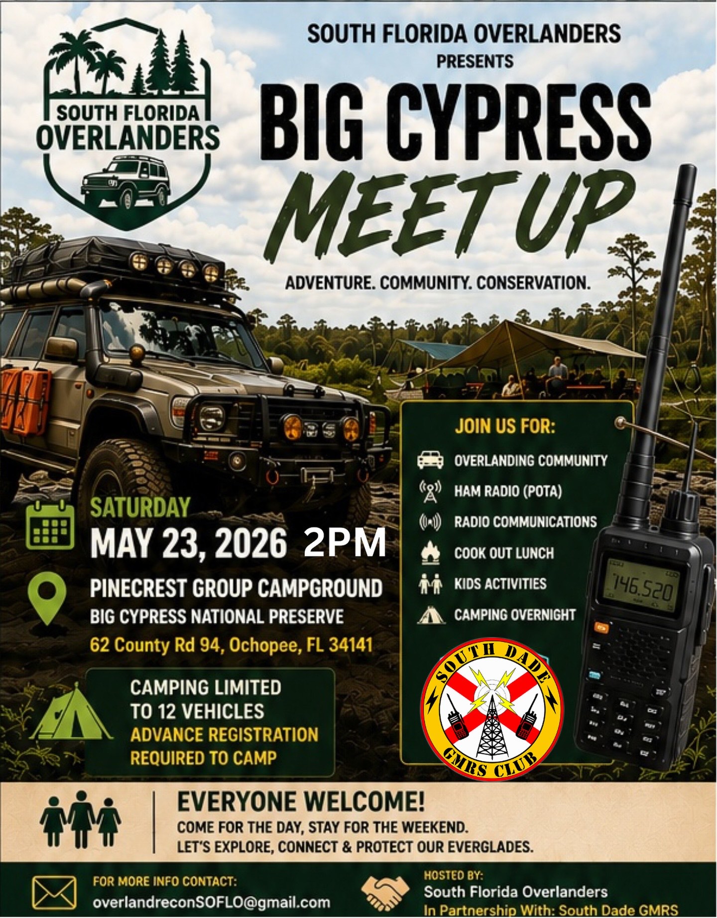 South Florida Overlanders Big Cypress Meetup poster listing overlanding community, ham radio, cookout lunch, kids activities and overnight camping