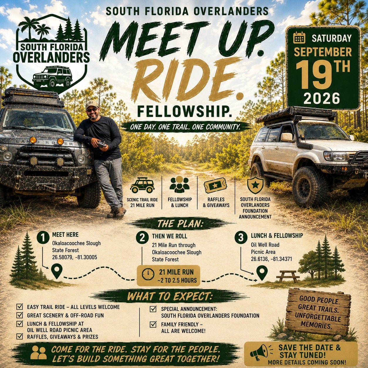 Flyer for the South Florida Overlanders meetup and trail ride at Okaloacoochee Slough State Forest on Saturday, September 19, 2026